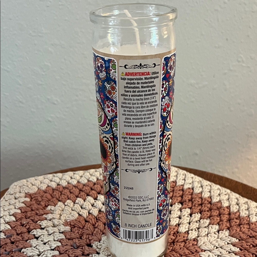 Vibrant Sugar Skull Candle with Blue Floral Design - Picture 5 of 7